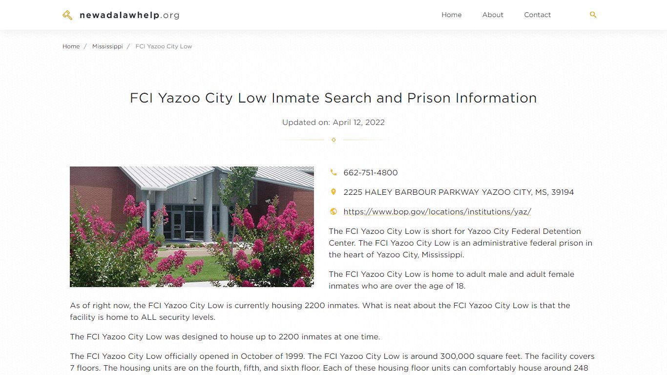 FCI Yazoo City Low Inmate Search, Visitation, Phone no ...