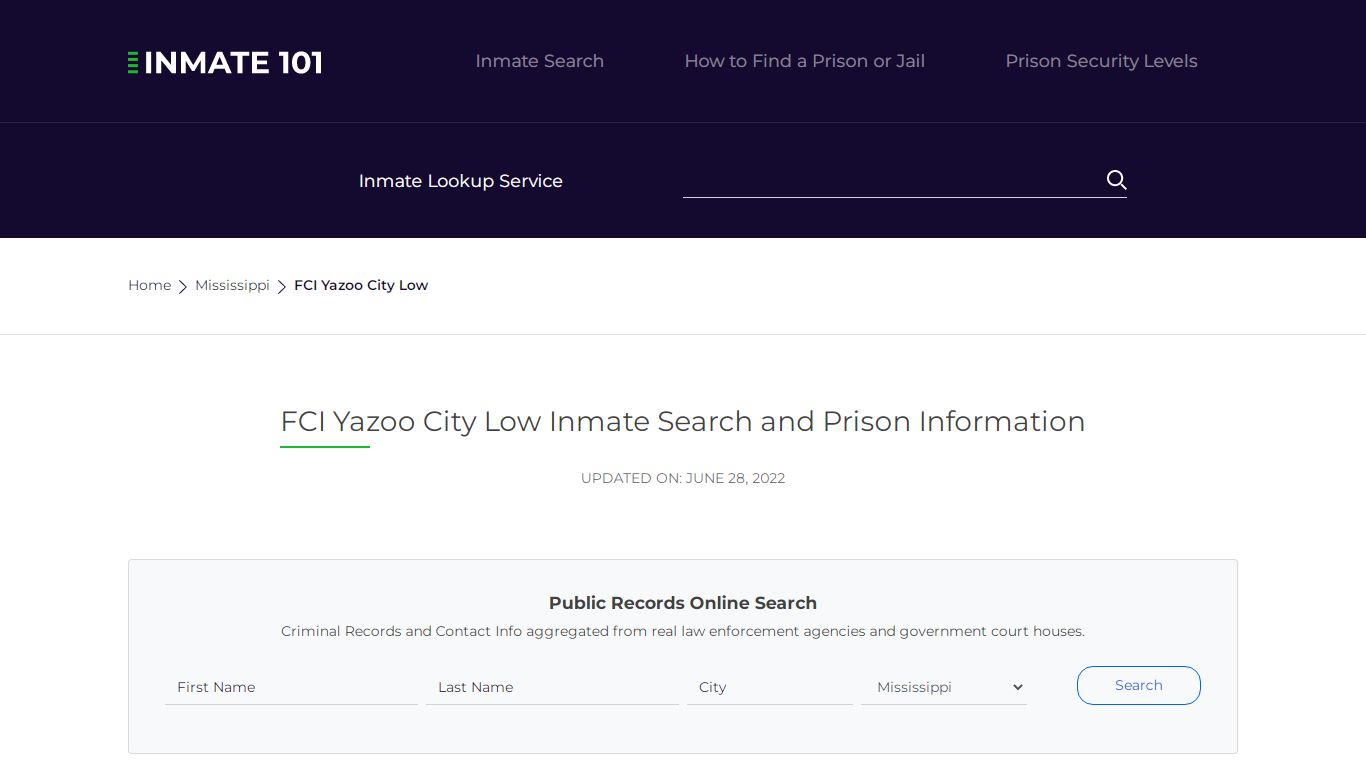 FCI Yazoo City Low Inmate Search | Lookup | Roster