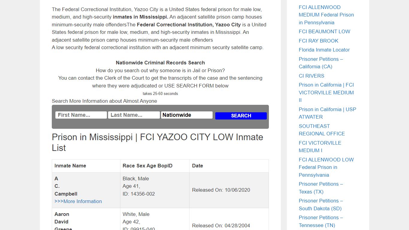 Prison in Mississippi | FCI YAZOO CITY LOW – Inmate Releases