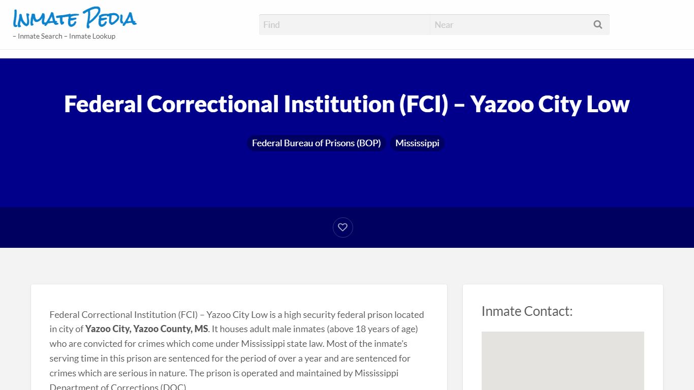 Federal Correctional Institution (FCI) - Yazoo City Low ...